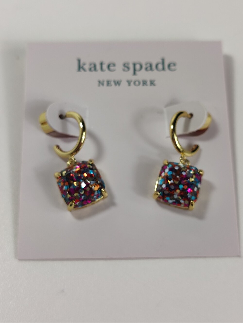 Kate Spade New York Multi Glitter Mini Square Huggie Earrings NWT Gold Tone - Picture 4 of 8
